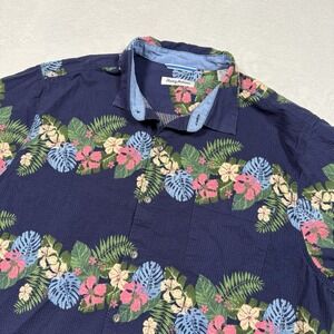 Tommy Bahama Shirt Mens XL Blue Seersucker Hawaiian Floral‎ Cruise Camp